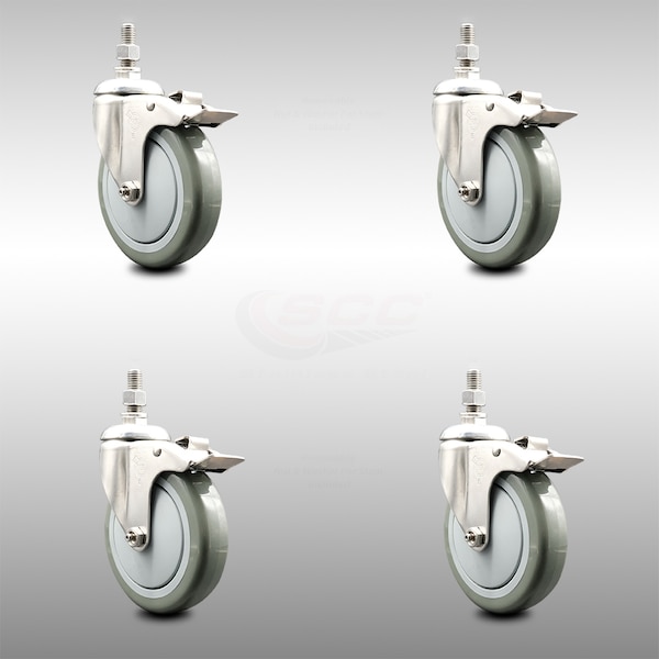 Service Caster 5 Inch 316SS Gray Polyurethane Wheel Swivel 3/8 Inch Stem Caster Set Lock Brake SCC-SS316TSTTL20S514-PPUB-381615-4 - main